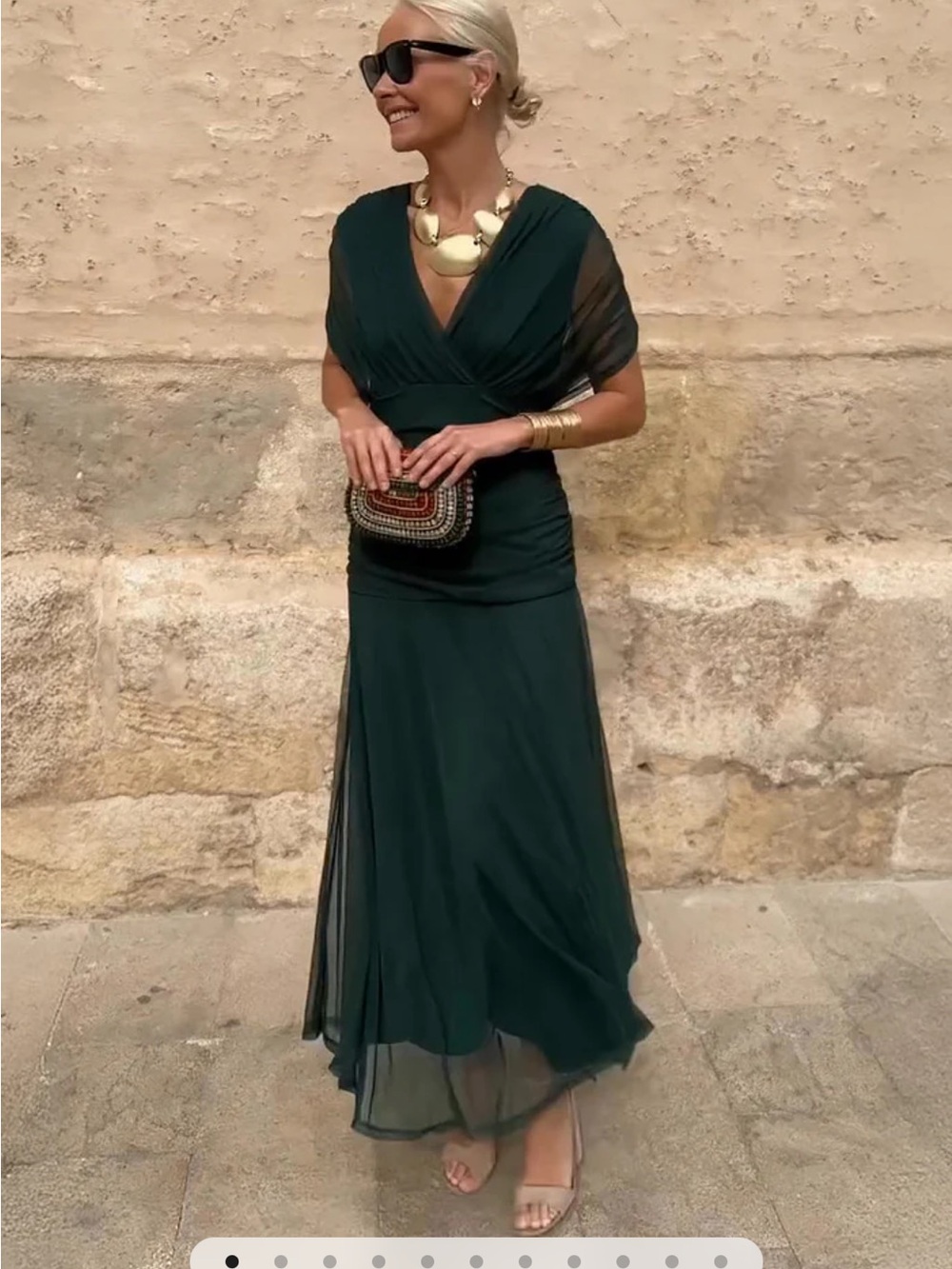 Nina New York Elegant Dark Green V-Neck Chiffon Evening Dress